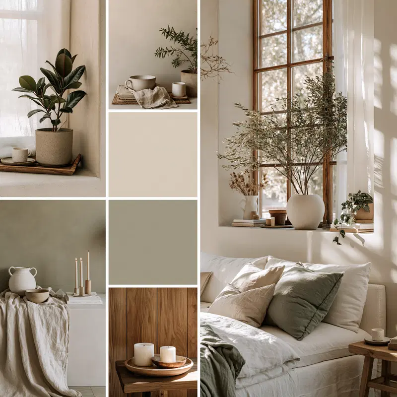 Neutral toned home decor with plants, candles, and linen textiles
