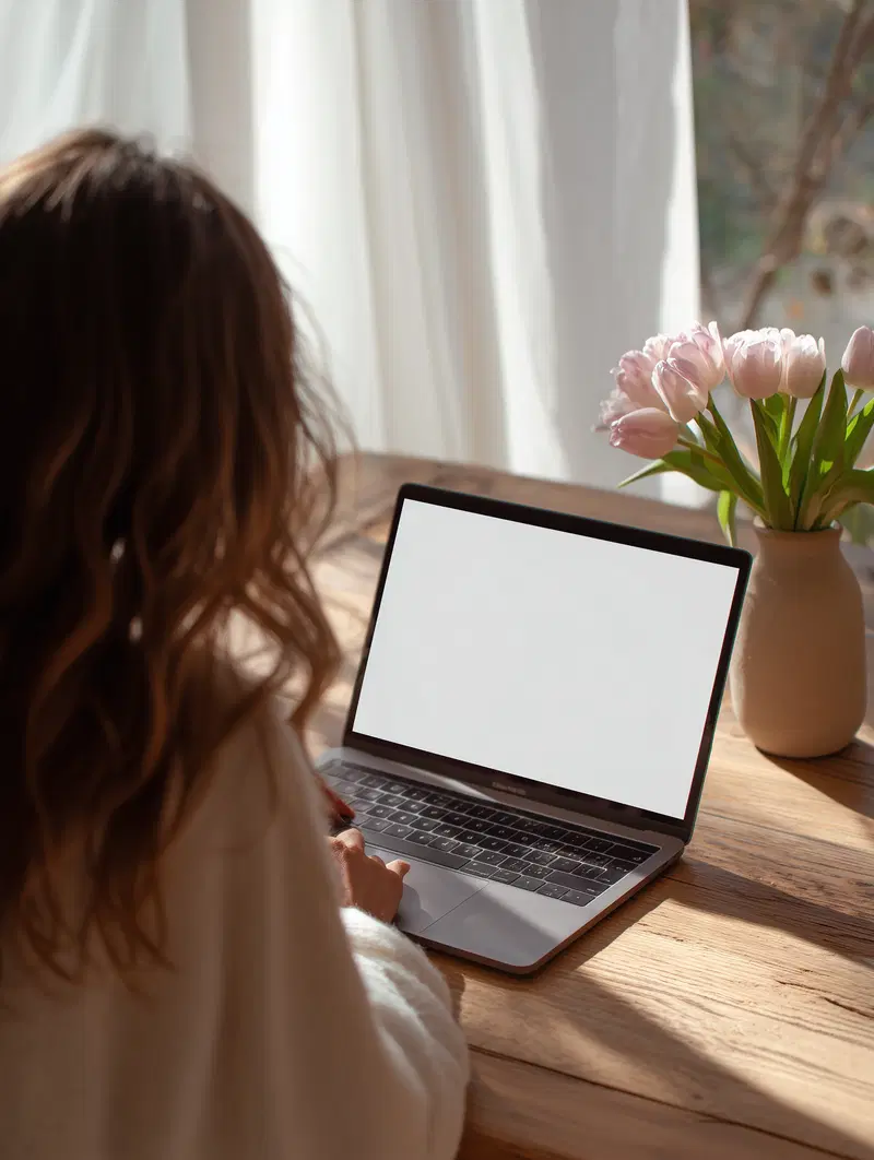 Cozy workspace with a laptop and vase of tulips on wooden desk