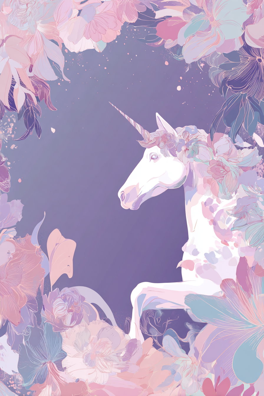 Digital artwork showing a white unicorn with flowers around its neck, surrounded by a pastel floral frame on a purple background