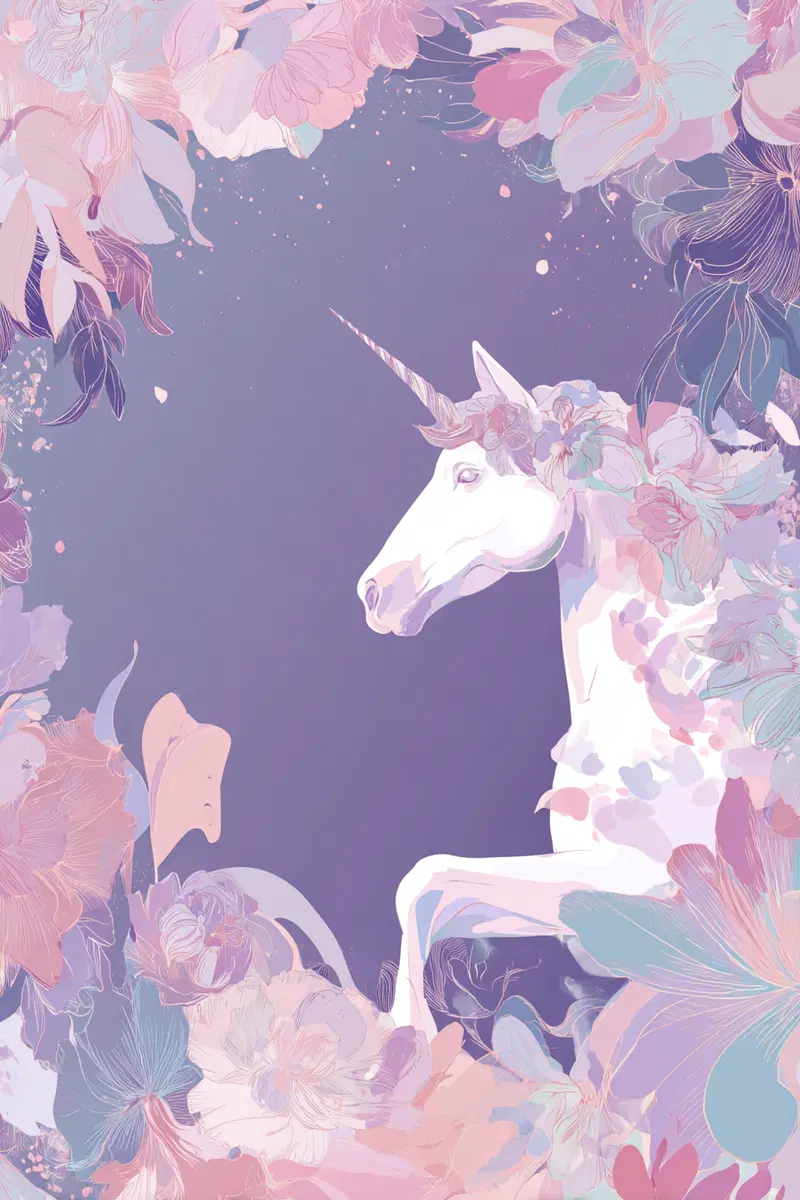 Elegant Dreamy Illustration of a Unicorn with Floral Frame on Purple
