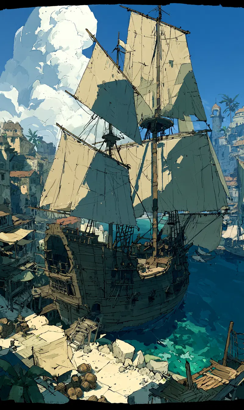 Illustration of a large sailing ship docked at a coastal town on a sunny day