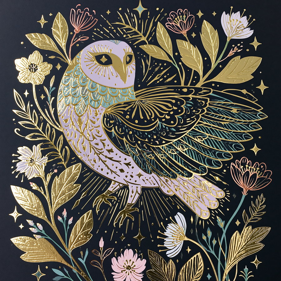 Illustration of a stylized bird with purple, blue, and gold plumage surrounded by various flowers and leaves in gold and pastel colors on a black background