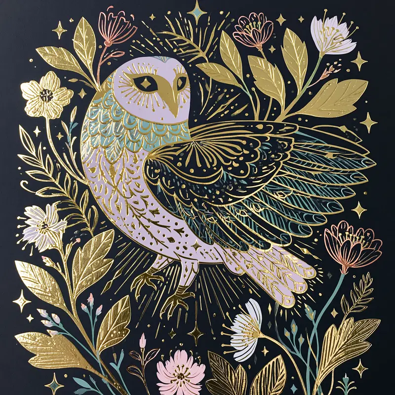 Elegant botanical and bird art print with gold accents on black