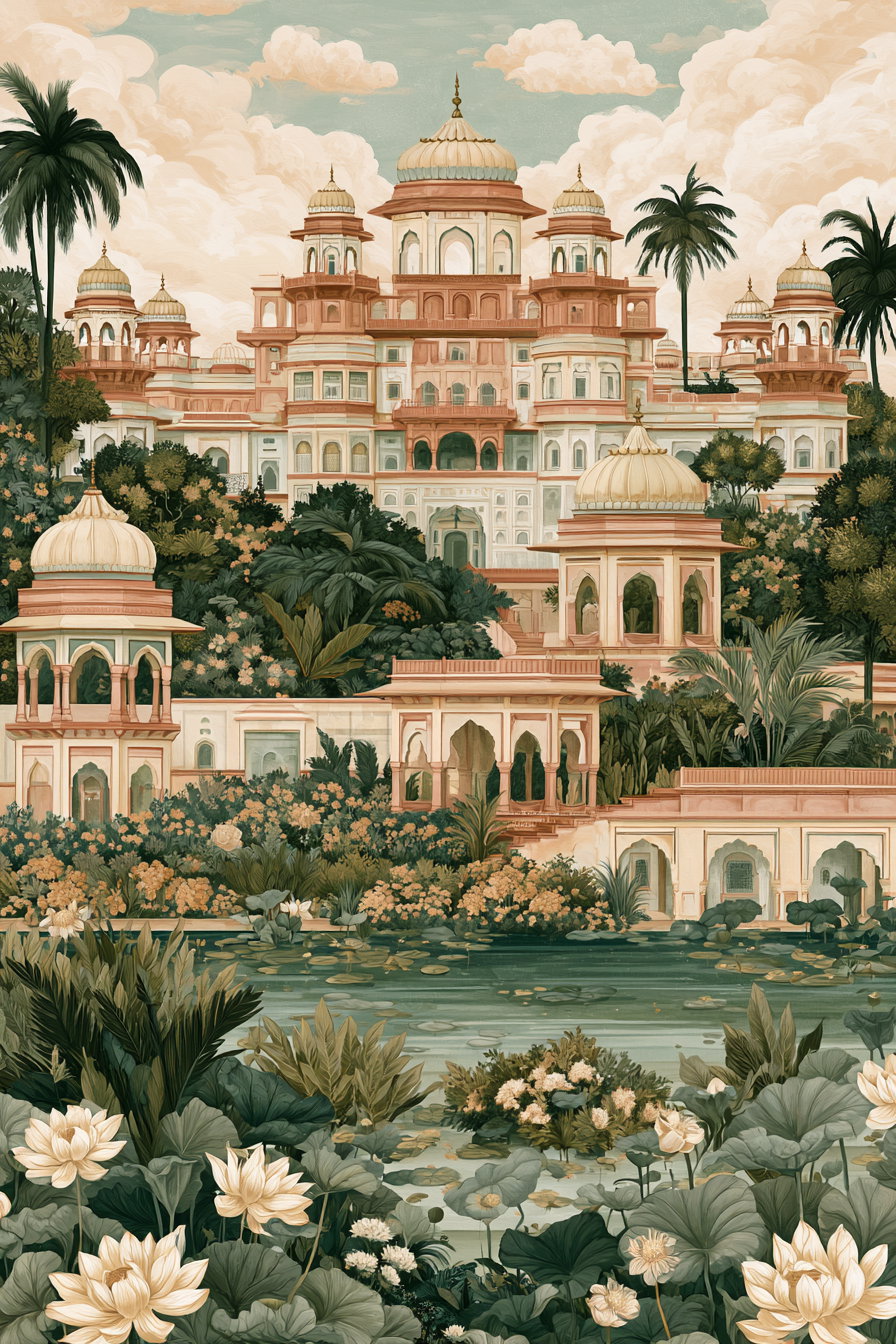 Classic European-style palace with multiple domes and arches, surrounded by lush greenery, palm trees, flowering bushes, and a serene lotus pond in the foreground under a blue sky with clouds