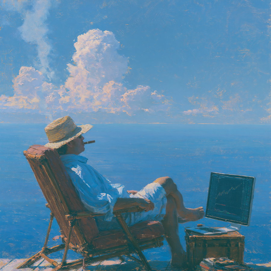 A man in a white shirt and shorts, wearing a straw hat, sits barefoot on a wooden chair smoking a cigar, looking at a computer screen with stock charts by the sea under a blue sky with fluffy clouds