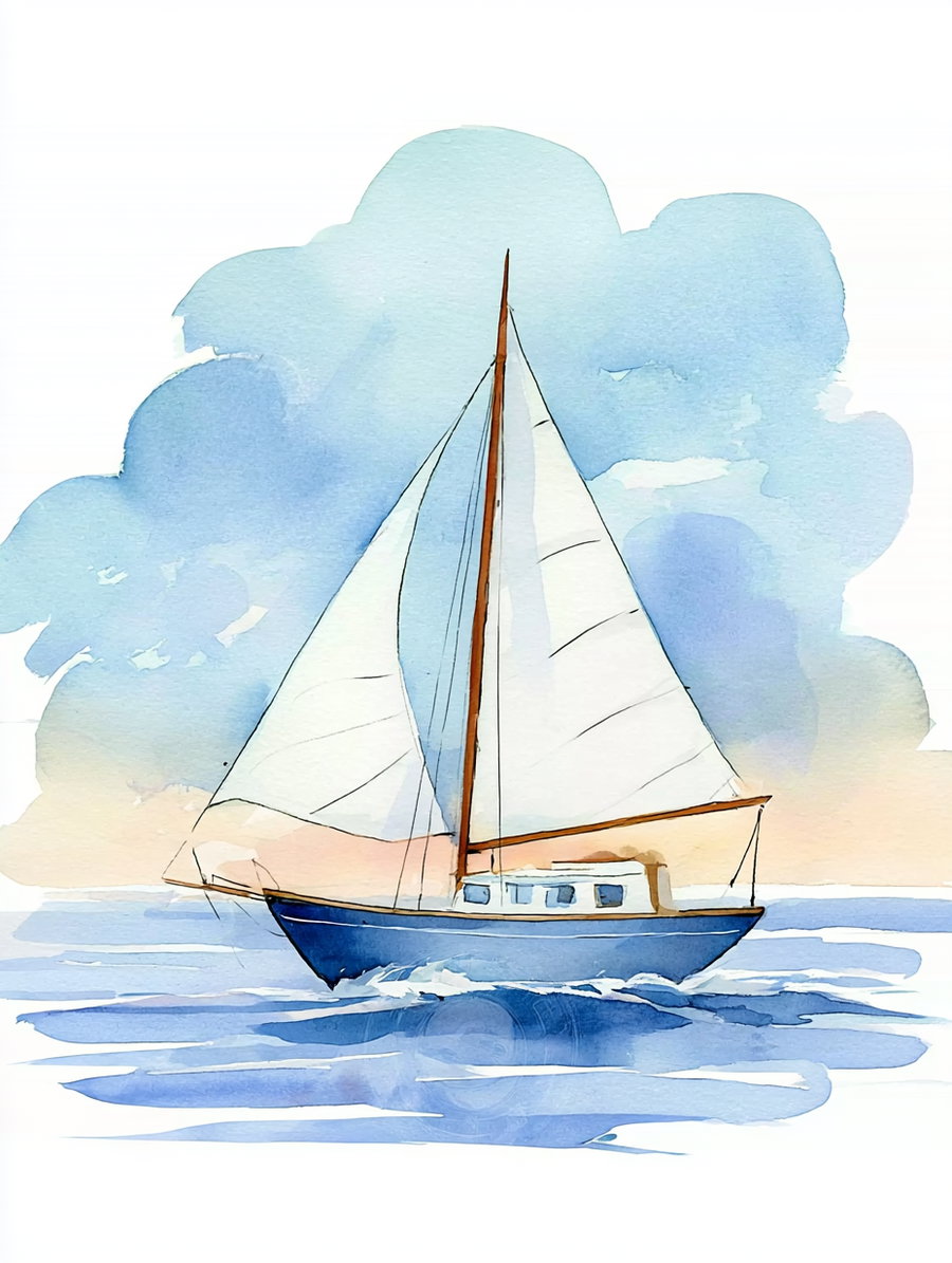 A watercolor illustration of a sailboat with white sails and a blue hull sailing on gentle ocean waves with a soft gradient sky in the background