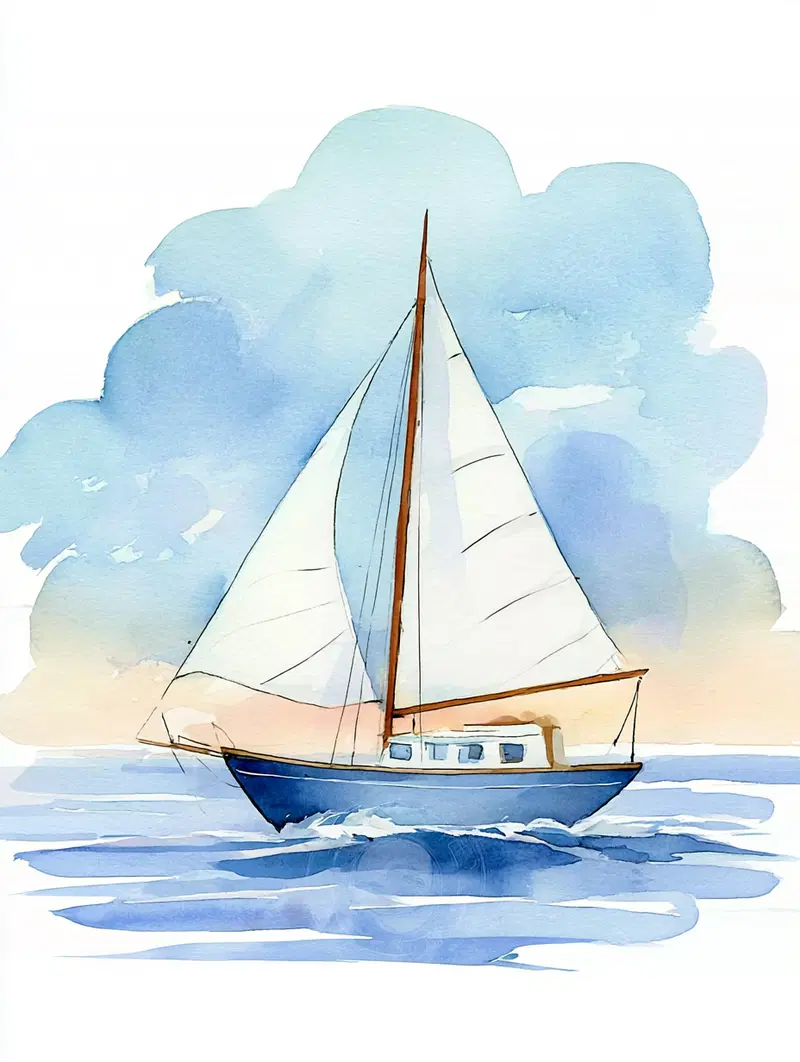 Watercolor painting of a sailboat on calm waters under a blue sky