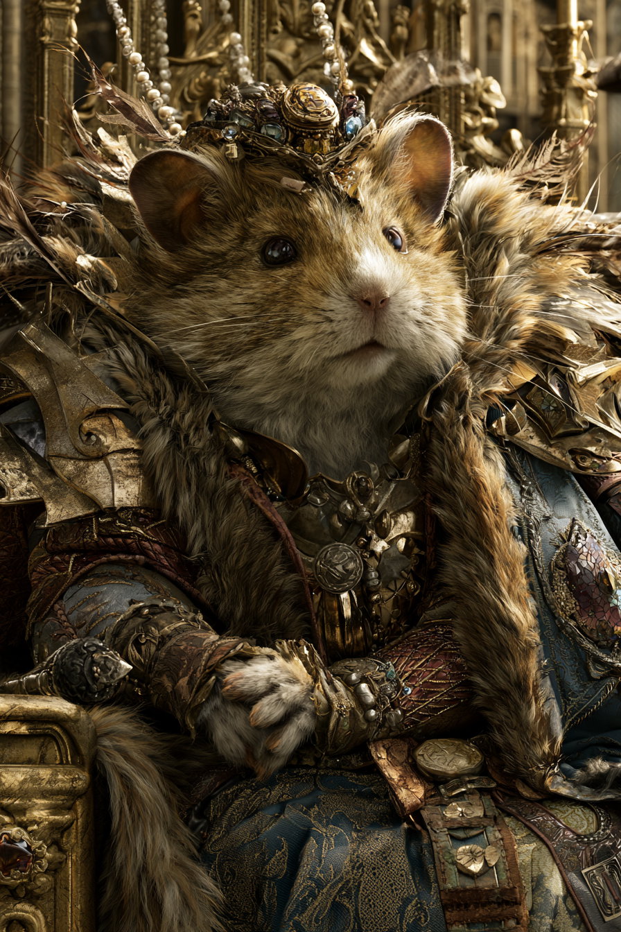 A close-up of a hamster dressed in ornate royal armor and fur cloak, wearing a jewel-encrusted crown, seated on a golden throne with intricate carvings.
