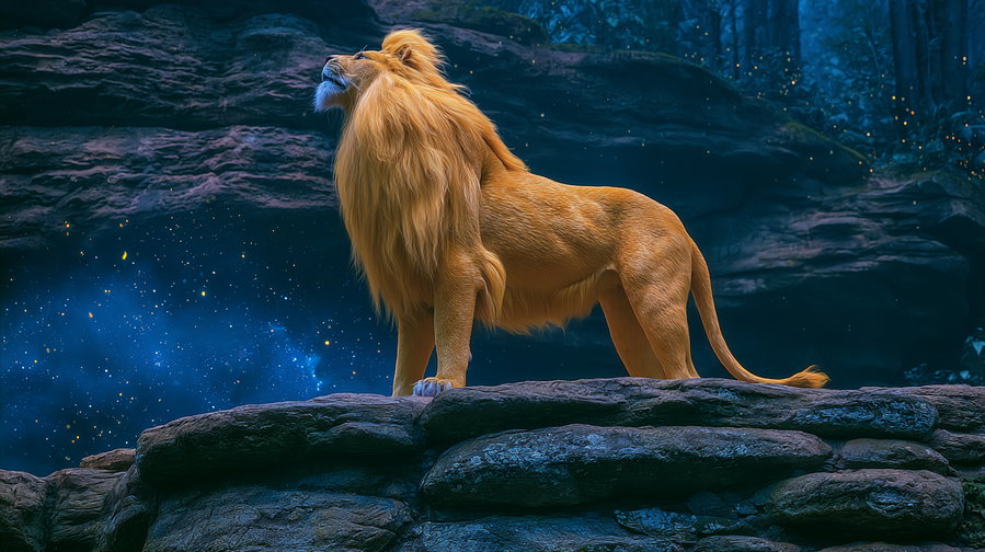 A regal lion with a full mane standing on a formation of rocks with a backdrop of a deep blue starry night sky