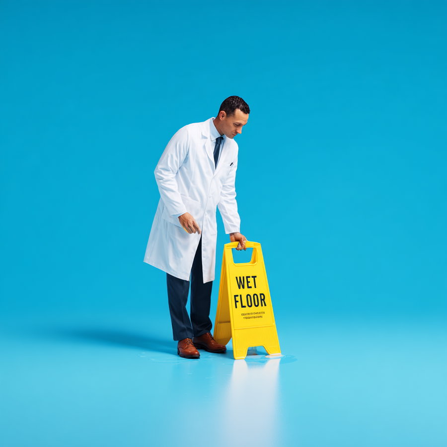 Man wearing a white lab coat, dark pants, and brown shoes holding a yellow 'Wet Floor' sign on a blue floor with a puddle of water