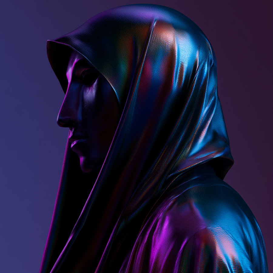 Side view of a person wearing a shiny hooded cloak with dark, reflective fabric illuminated by blue and purple lighting