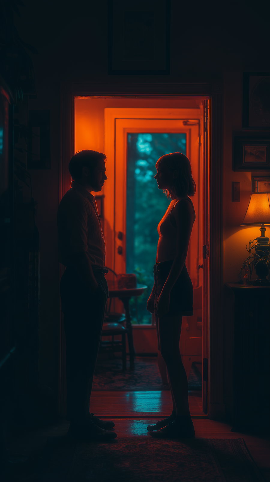 Man and woman facing each other in a doorway illuminated by orange and blue lighting, interior room with a lamp and framed pictures visible