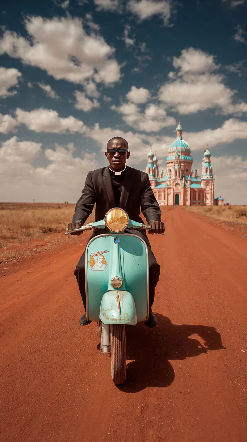 Portrait of a man on a scooter in front of a colorful architectural building