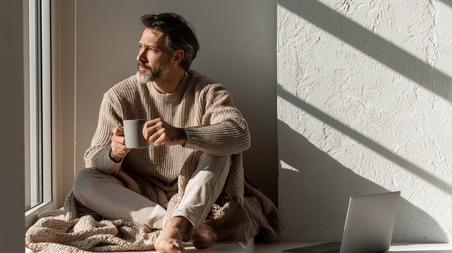 Man sitting barefoot on a beige knitted blanket near a window holding a cup, wearing light-colored pants and a knitted sweater, with sunlight casting shadows on a textured white wall and a closed laptop nearby