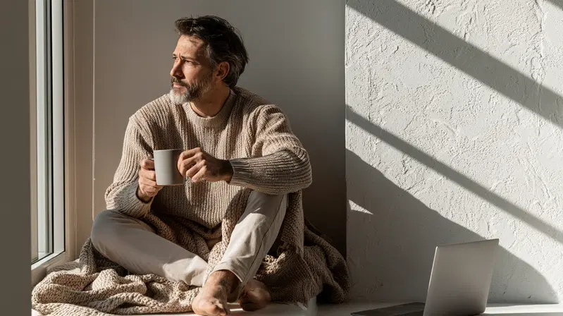 Man in cozy sweater relaxing with a mug by the window in soft natural light