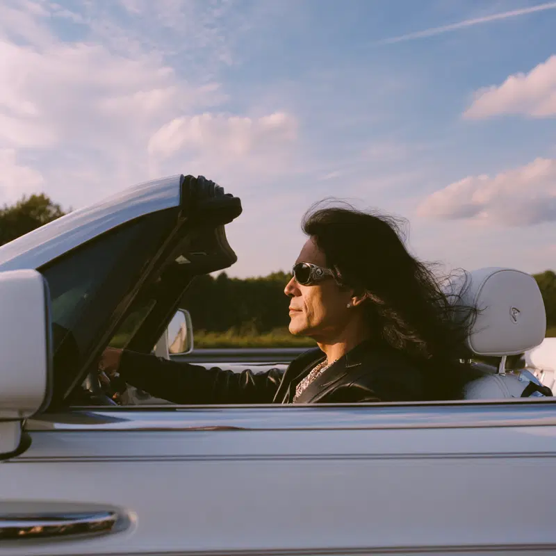 Profile portrait of a man driving a white convertible car during sunset