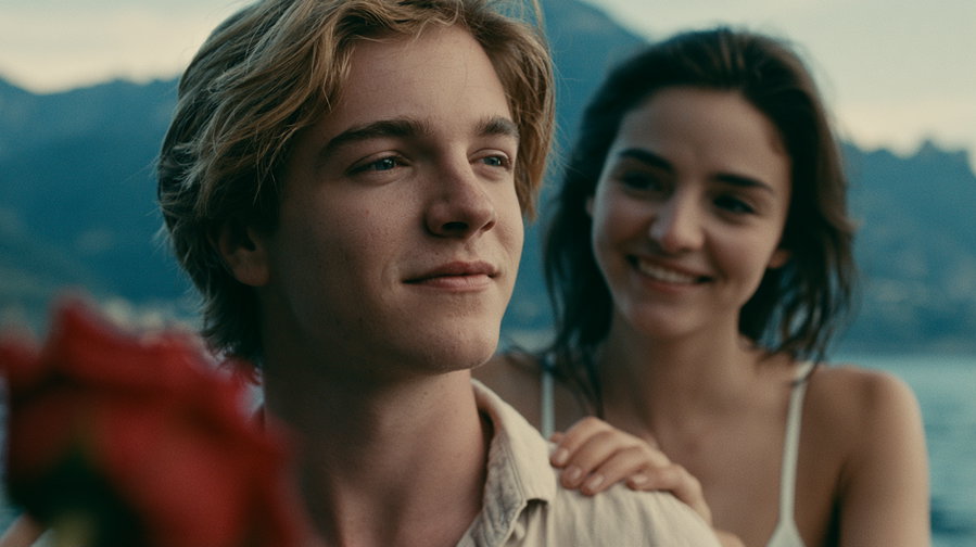 Close-up of a young man with blonde hair and a woman in a white top smiling behind him near a body of water and mountains.
