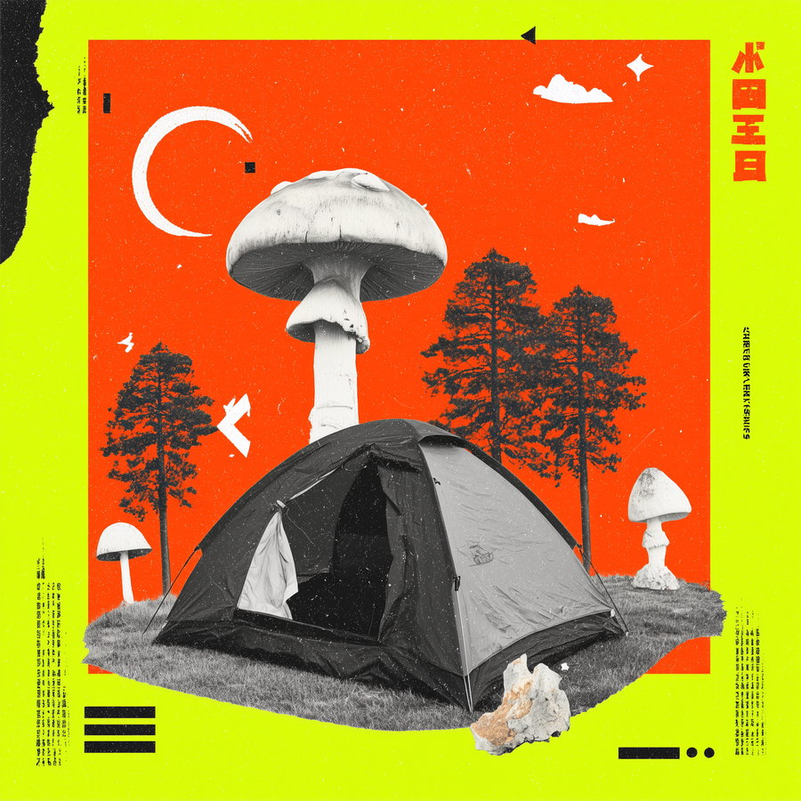 A black and gray tent set on grass with large white mushrooms and trees behind it, all against an orange square background bordered by bright yellow with black and red abstract symbols and dots.
