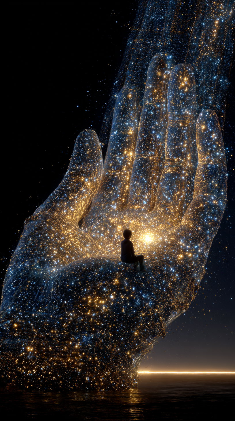 A large transparent hand made of stars and glowing particles holding a small child who is sitting, all set against a dark starry background with a distant horizon light