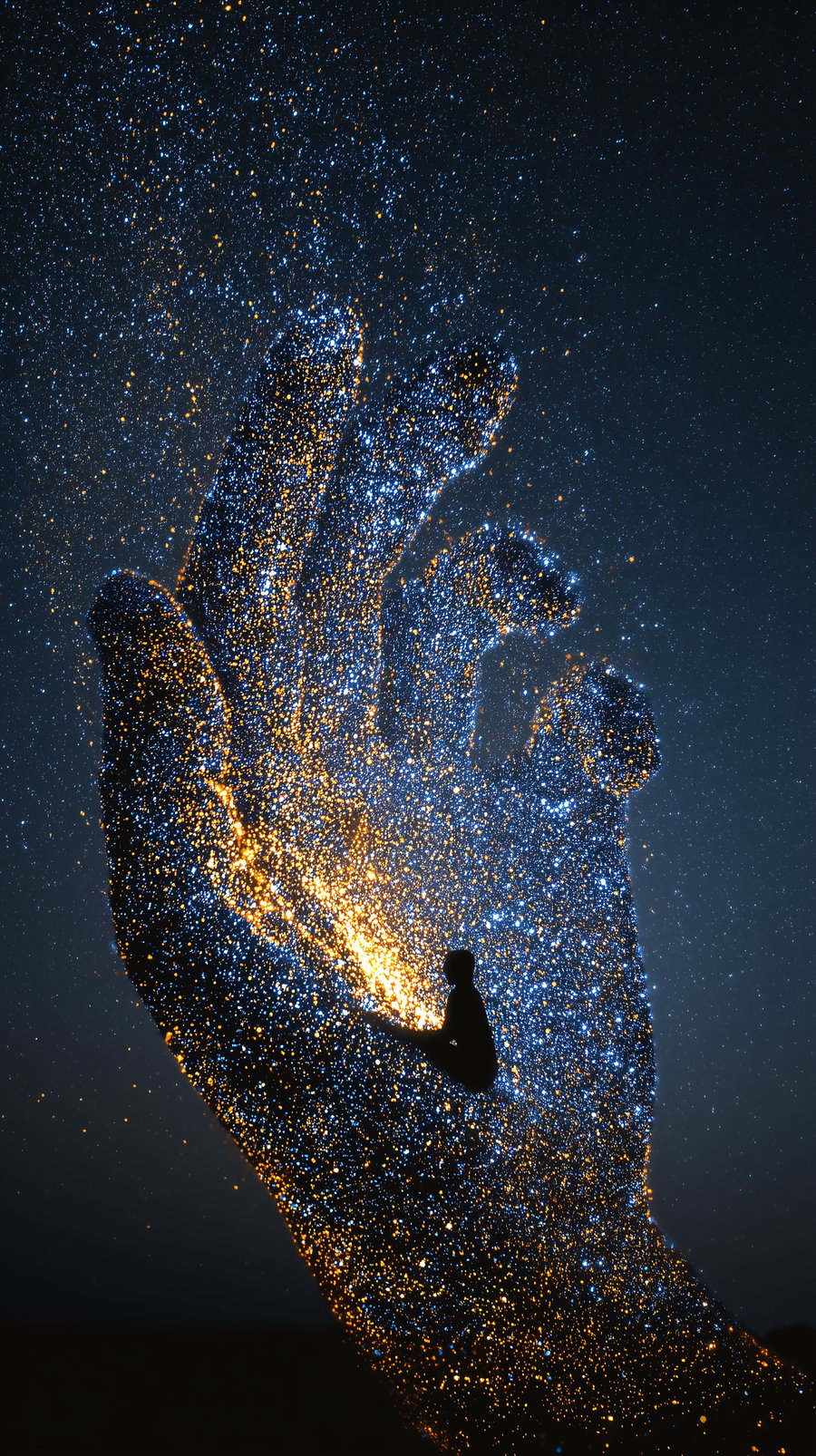 A large translucent hand composed of blue and orange glowing stars with a small silhouetted person sitting in the palm, all against a dark night sky.