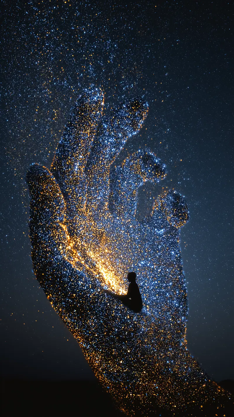 Dreamlike cosmic hand with glowing stars and a silhouetted figure