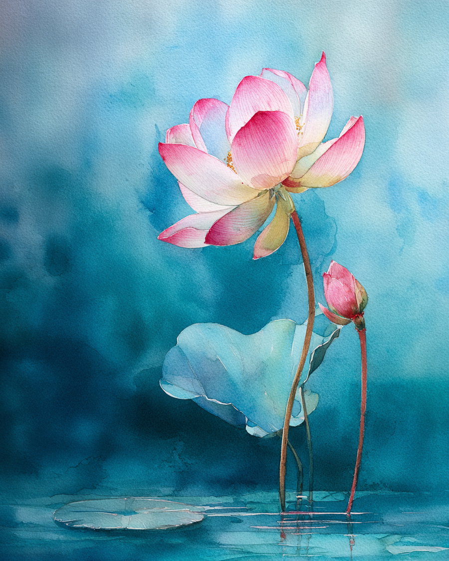 Watercolor artwork depicting two pink lotus flowers with green stems and leaves against a cool blue textured background with water reflection