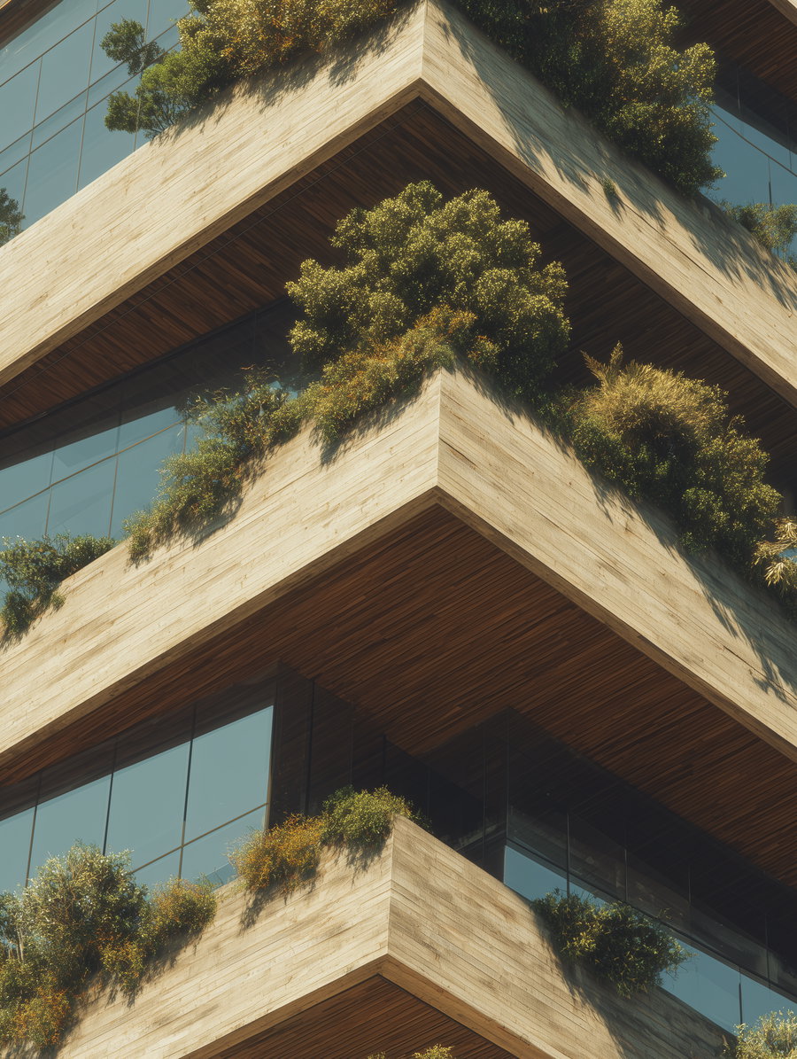 Close-up view of a modern building showing concrete balconies with abundant greenery and reflective glass windows