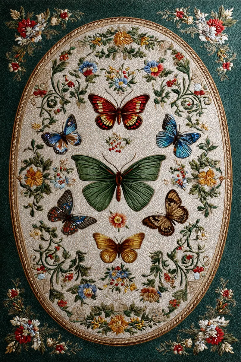 Detailed vintage botanical print featuring colorful butterflies and floral arrangements