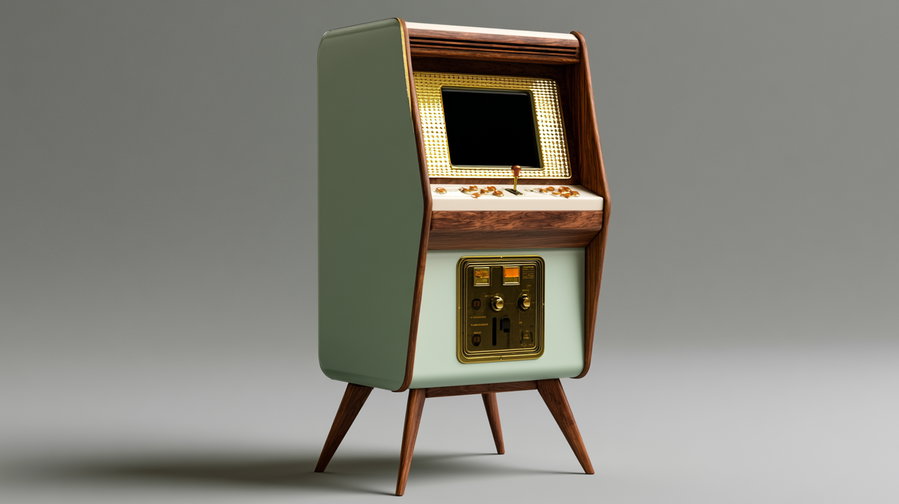 A vintage arcade game machine with a green body, wooden edges and legs, gold control panel, and a screen in the upper section, standing on a gray surface with a plain gray background.