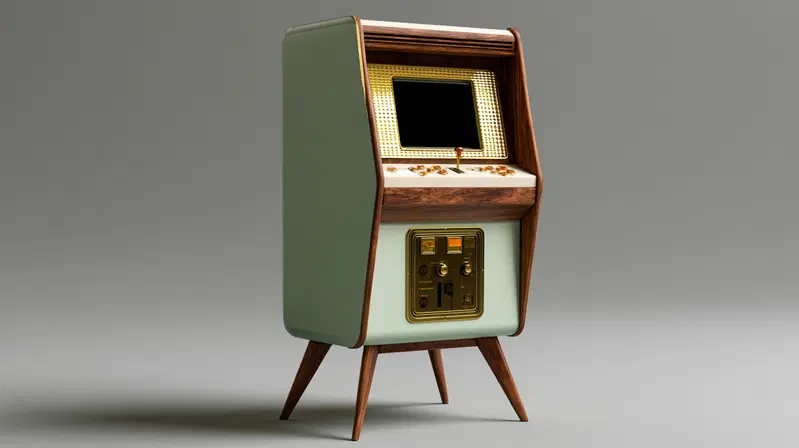Mid-century vintage arcade game machine with wooden legs and gold accents