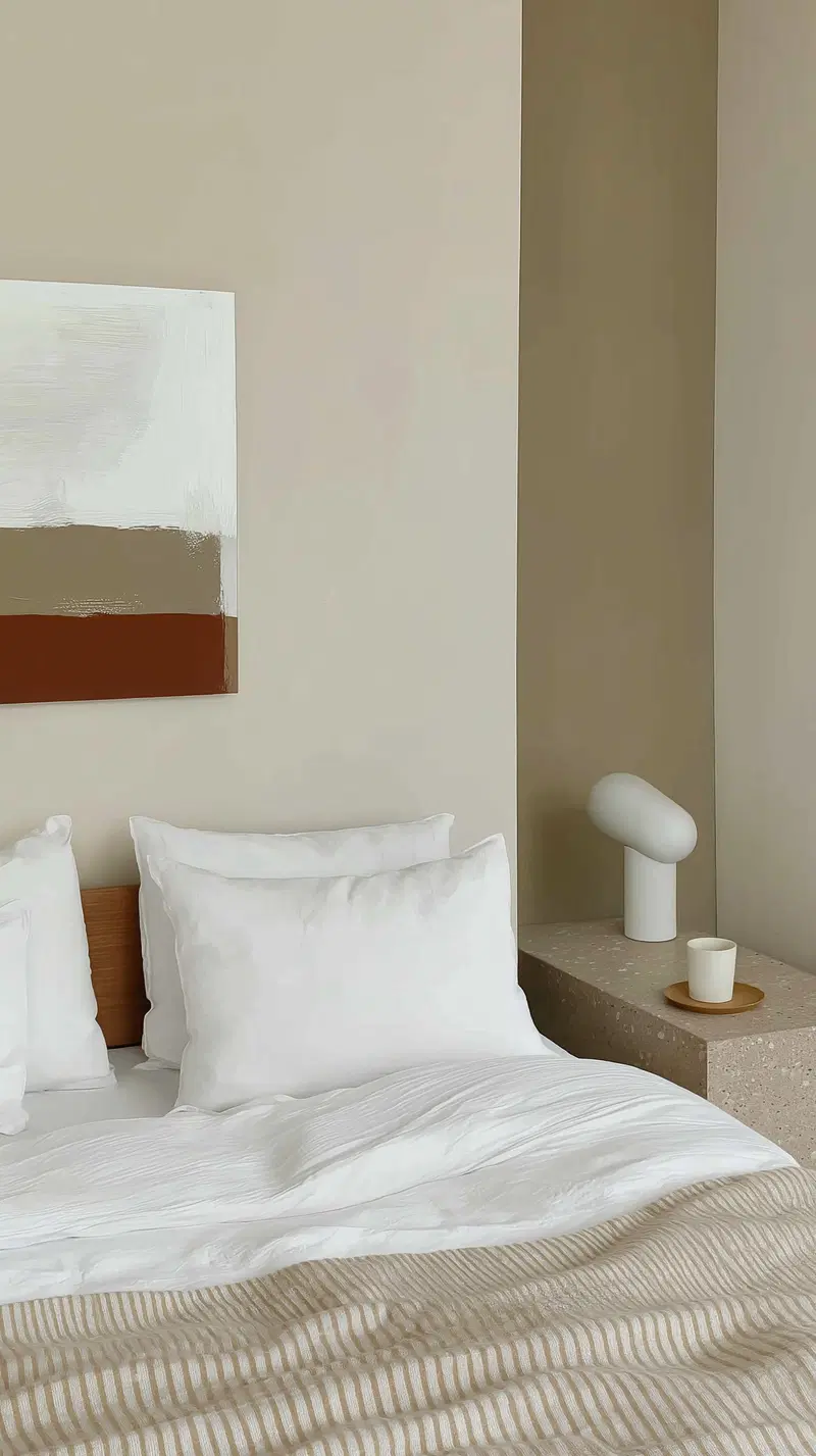 Minimalist bedroom with neutral tone wall decor and simple abstract art