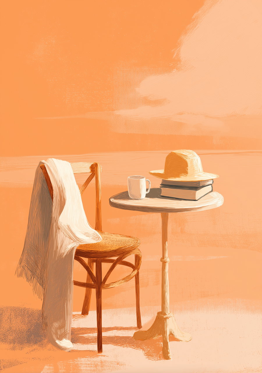 Digital art composition featuring a wooden chair with a draped white cloth next to a round wooden table holding two books, a white coffee mug, and a wide-brimmed hat against an orange-toned background