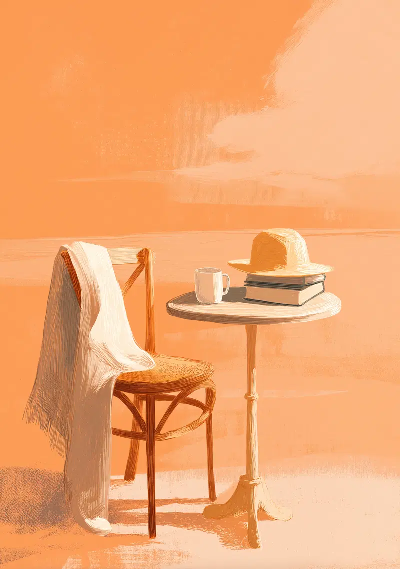 Cozy still life with chair and table in warm orange tones art print