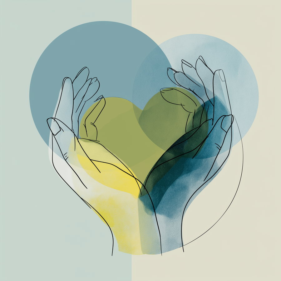 Line drawing of two hands with overlapping translucent blue and yellow circles on a split light green and cream background