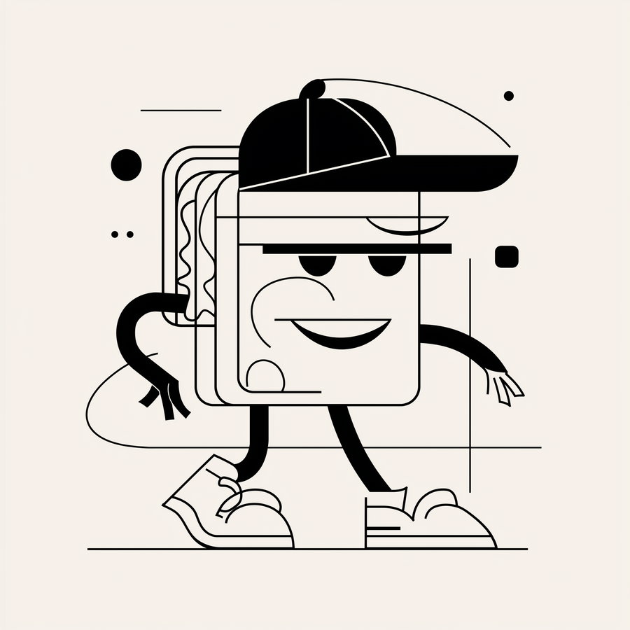 Black and white abstract line art showing a sandwich with a face, wearing a cap and shoes, walking with arms and legs on a light background