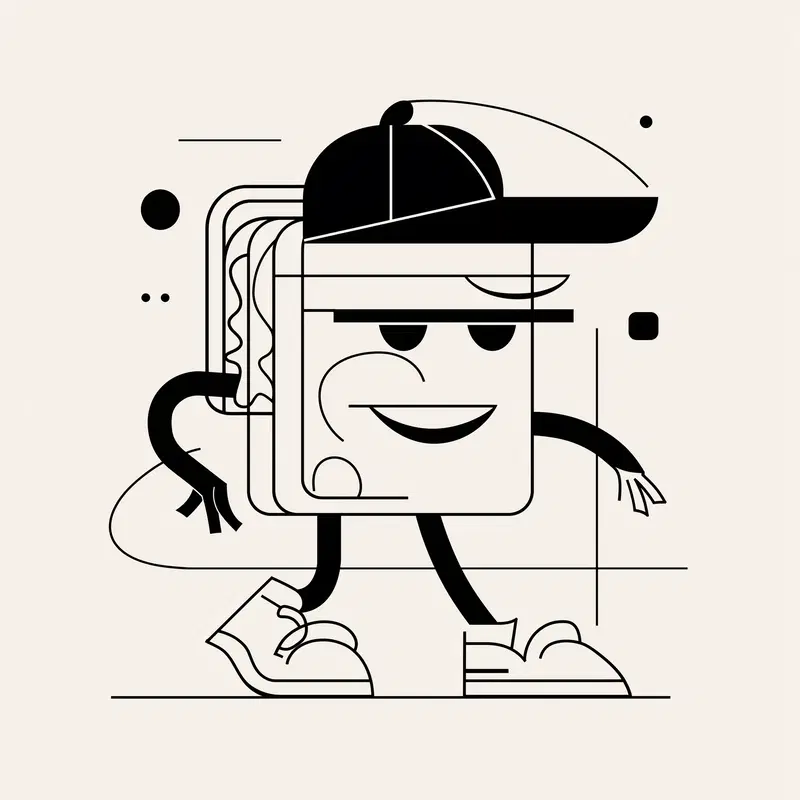 Abstract monochrome illustration of a walking cartoon sandwich character