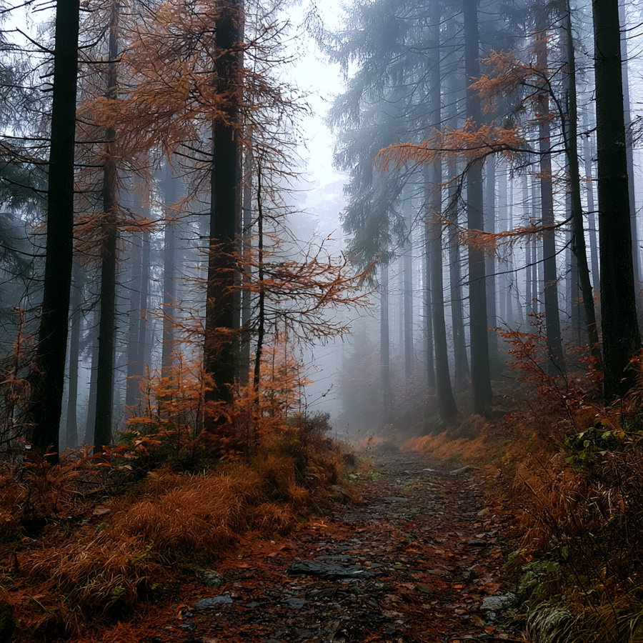 A misty forest scene featuring a rocky path surrounded by tall dark tree trunks and orange autumn leaves.