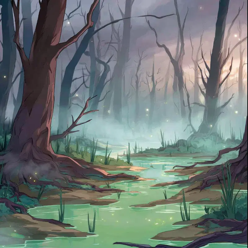 Dreamy forest scene with mist and glowing fireflies over a winding river