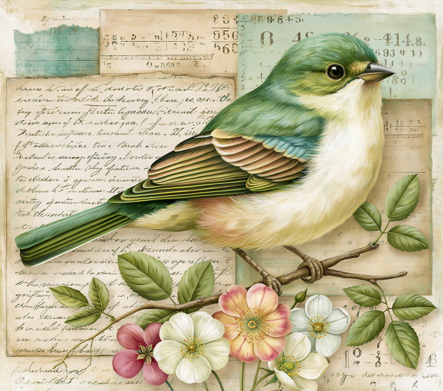 Illustration of a green, blue, and cream bird perched on a branch with green leaves and pink, white, and peach flowers, set against a background of vintage script and numeric prints.
