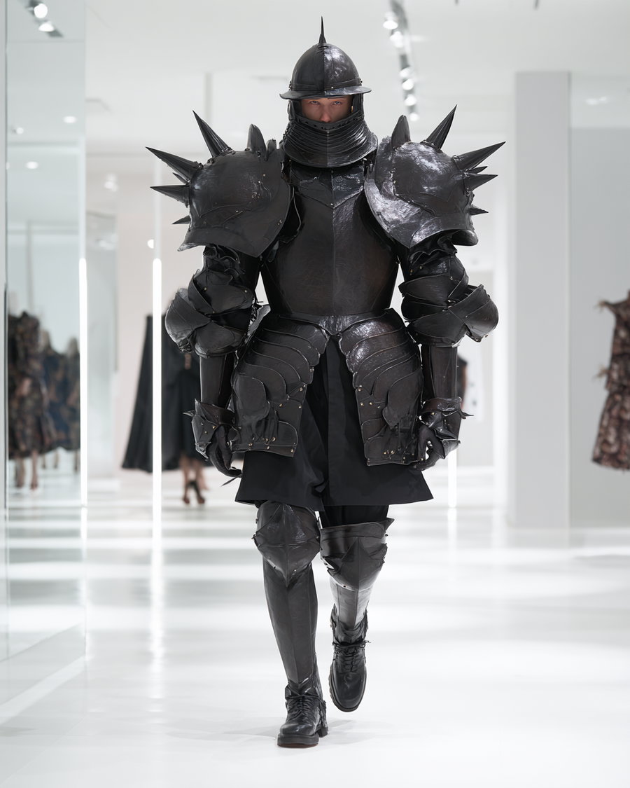 A person dressed in black spiked medieval-style armor walking in a bright, white modern gallery with reflective floors and walls, and spotlights overhead