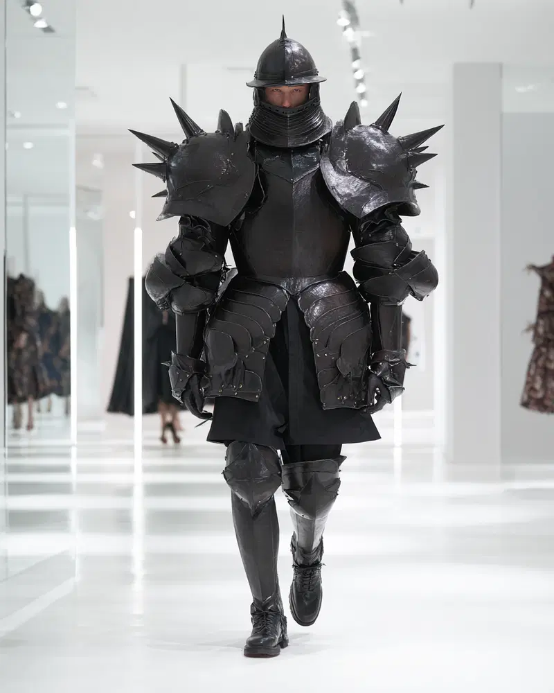 Person wearing spiked medieval-inspired black armor in modern minimal gallery