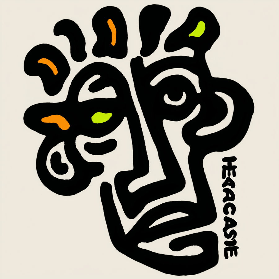 Abstract black face outline with geometric shapes and splashes of orange and green on light beige background with signature