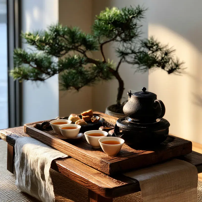 Elegant Japandi Style Tea Set with Bonsai and Rustic Wooden Tray