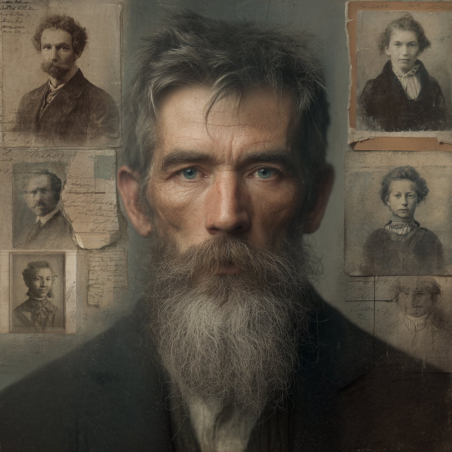 A detailed portrait of an elderly man with gray hair and a long beard wearing a dark coat, flanked by several old, sepia-toned vintage photographs of men and boys pinned on a textured wall background.