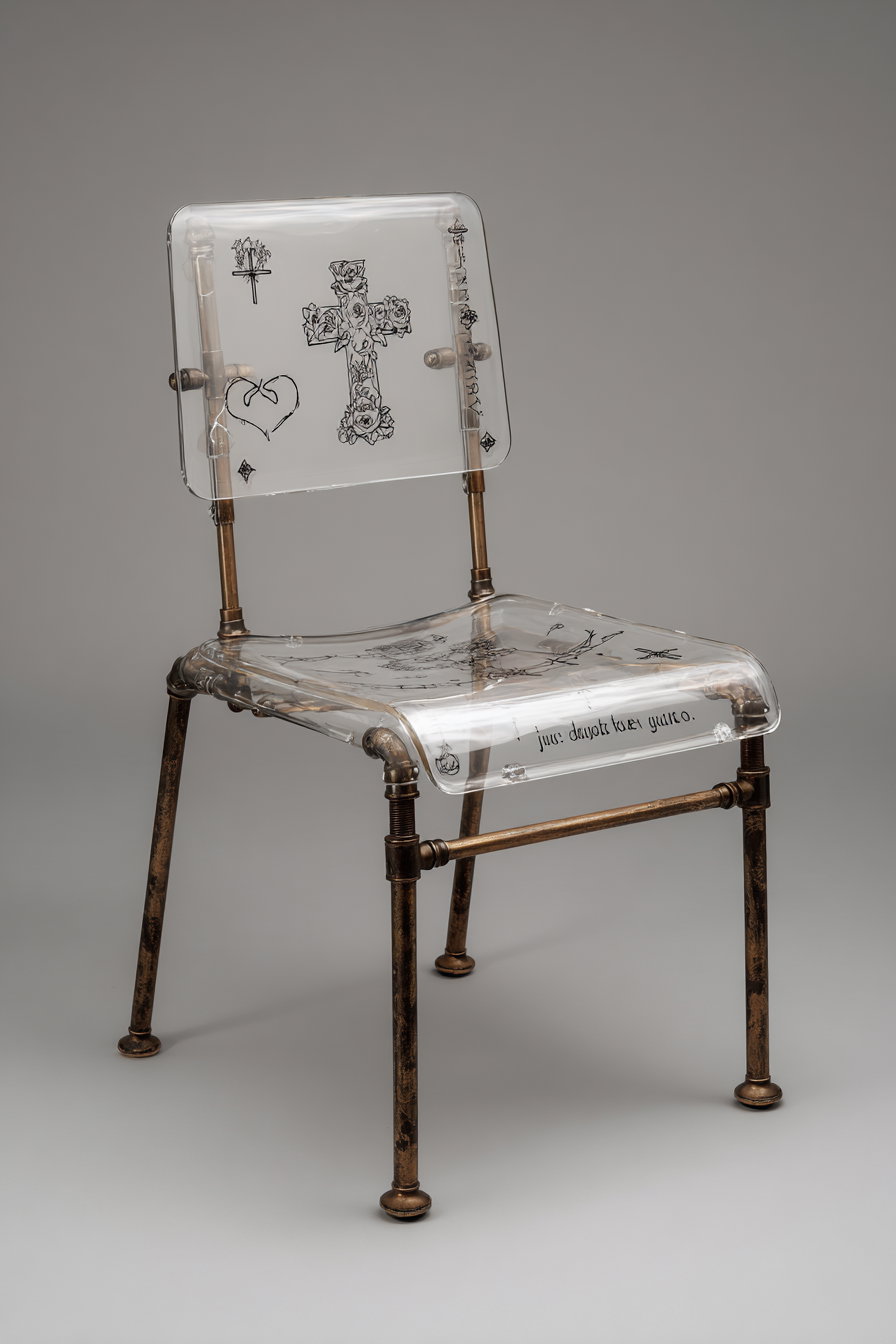 A modern chair with a transparent seat and backrest featuring black line art drawings and inscriptions, supported by a rustic metal frame with four legs.
