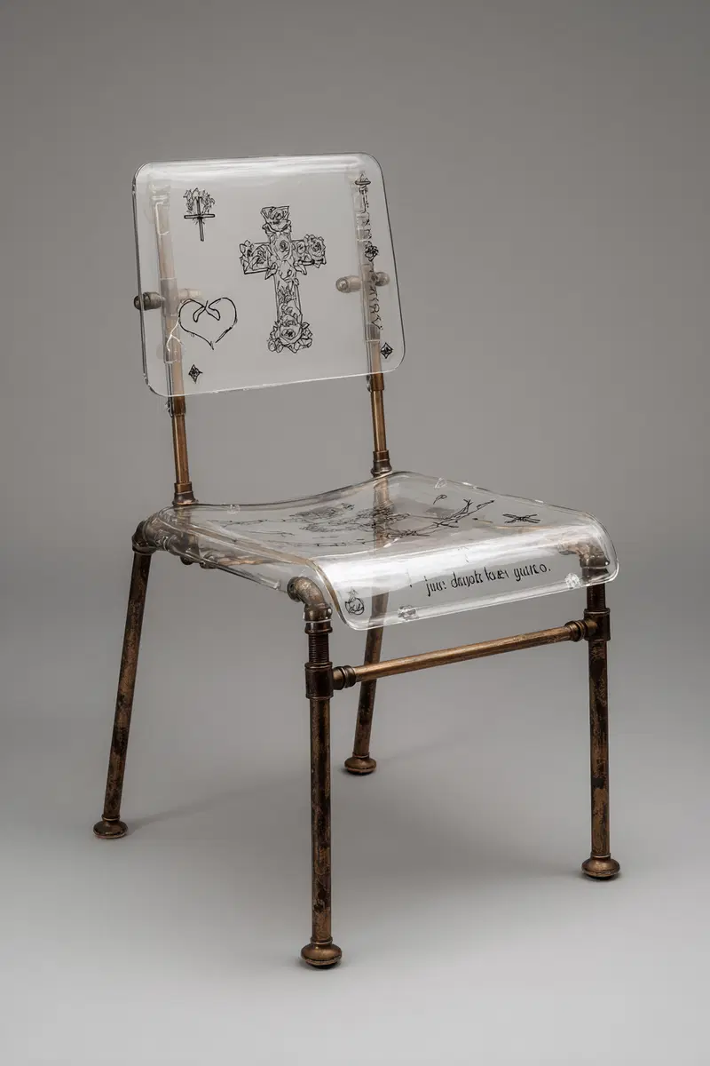 Transparent chair with delicate black line art designs and rustic metal frame