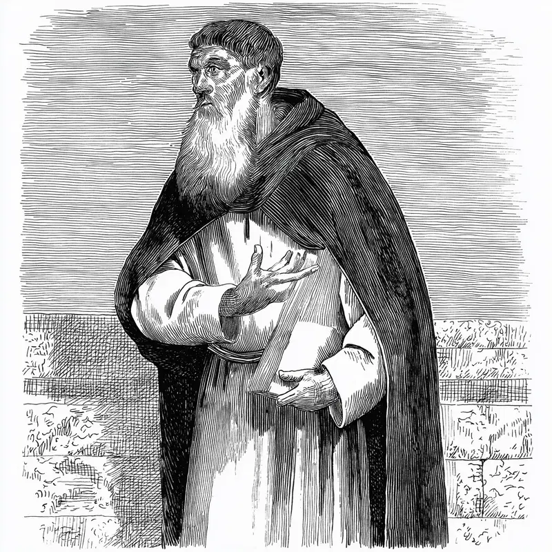 Detailed antique engraving of a bearded monk in traditional robes