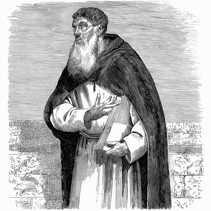 Black and white engraved illustration of a bearded monk wearing a hooded cloak and holding a book, standing beside a brick wall