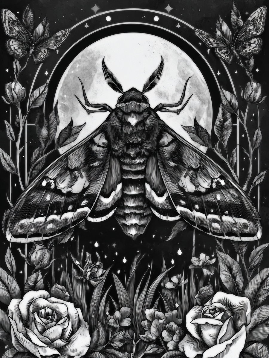 Black and white illustration of a large moth with detailed wings centered in front of a full moon, surrounded by flowers, leaves, and two smaller butterflies on the sides.