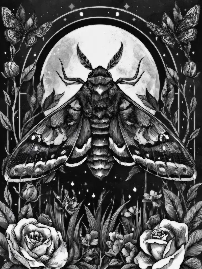 Monochrome dark academia moth illustration with full moon and floral accents